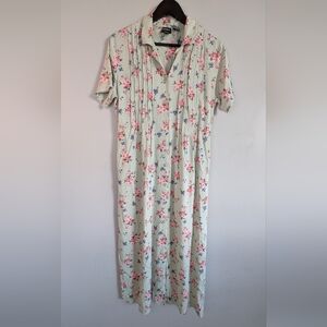 Vintage Mint Green & Pink Floral Dress, Short Sleeve, Button Front, Tie Back, M